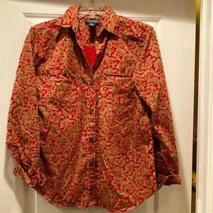 Lauren Ralph Lauren women’s blouse sz S 💯 cotton snap front red & gold paisley